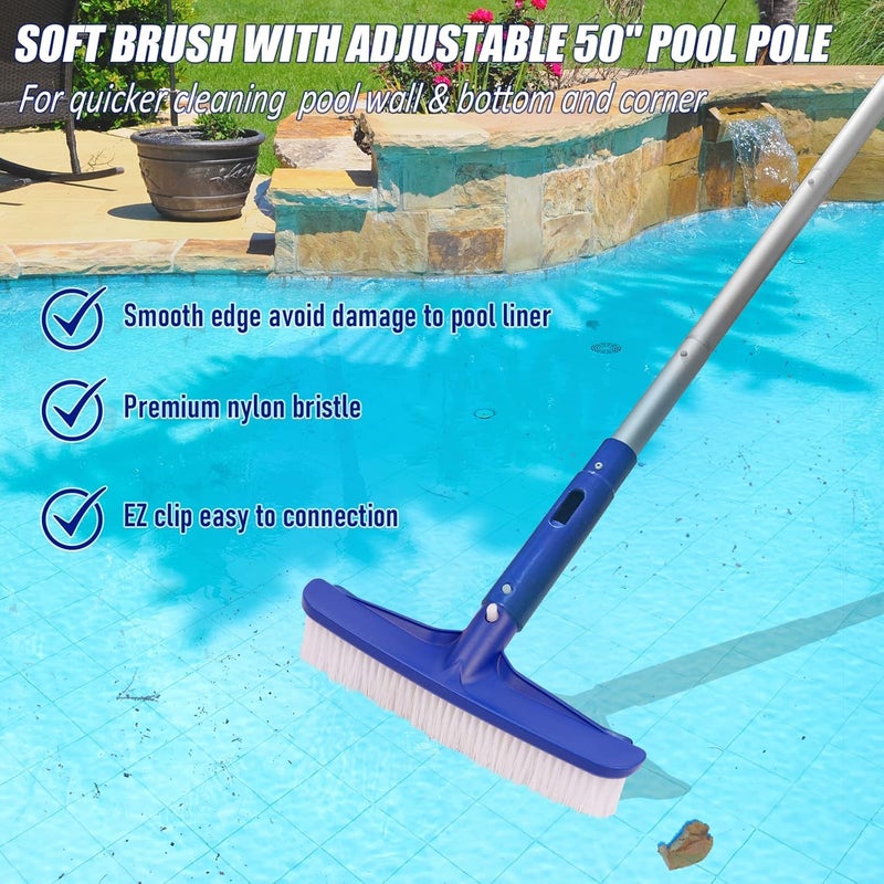 Poolvio Swimming Pool Cleaning Kit, 14'' Brush Head & 50'' Telescopic Aluminum Pole with Fine Mesh Skimmer Net - Perfect for Above Ground Pools, Spas, Hot Tub Fountains Blue (PK0140) - Image 4